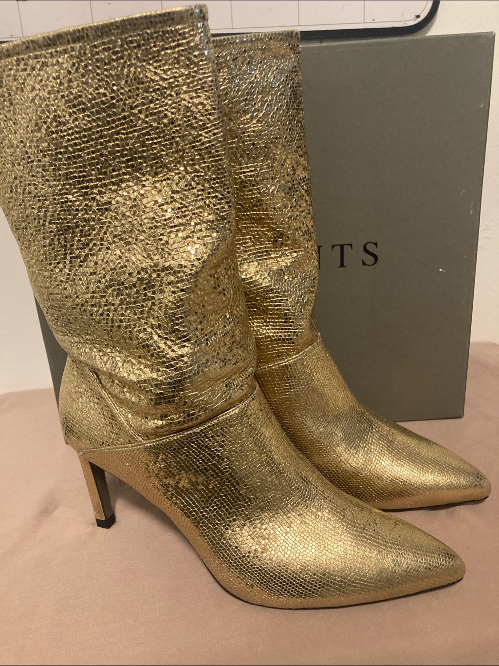 Allsaints Orlana Gold Shimmer Embossed Metallic Leather Boots 8us Nib $349
